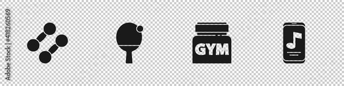 Set Dumbbell, Racket and ball, Sports nutrition and Music player icon. Vector.