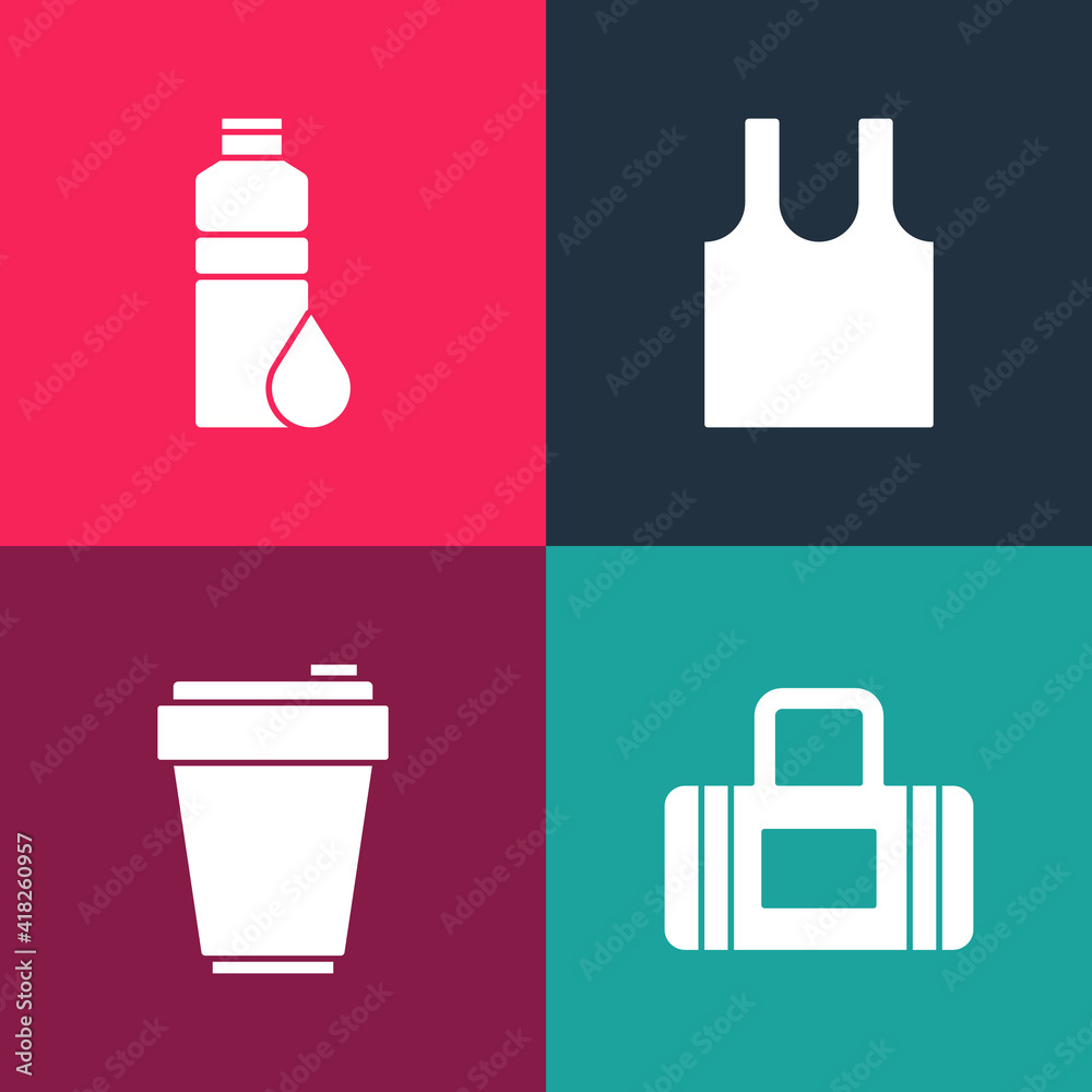 Set pop art Sport bag, Fitness shaker, Sleeveless T-shirt and icon. Vector. Set pop art Sport bag, Fitness shaker, Sleeveless T-shirt and icon. Vector.
