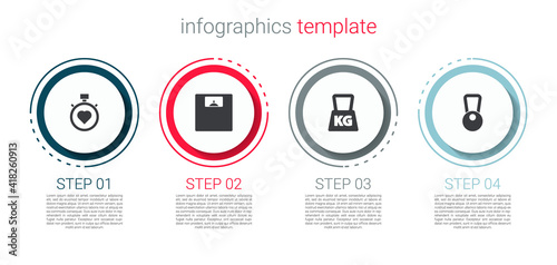 Set Heart in the center stopwatch, Bathroom scales, Weight and Kettlebell. Business infographic template. Vector.