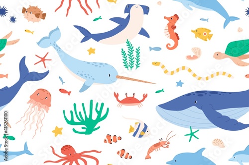 Childish seamless pattern with sea and ocean animals on white background. Cute marine underwater fauna with narwhal  whale and dolphin. Endless design. Colored flat cartoon vector illustration