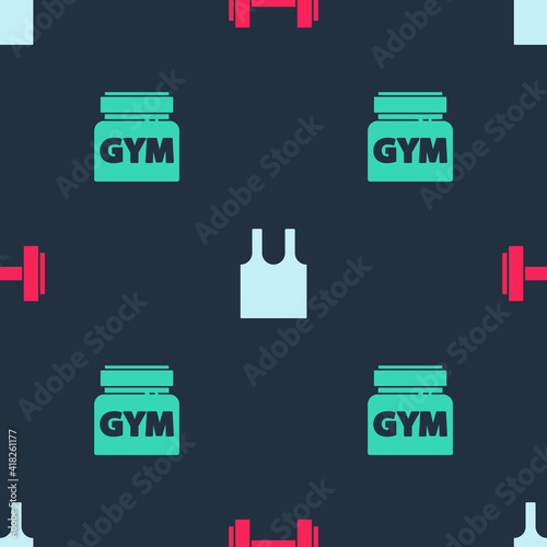 Set Dumbbell, Sleeveless T-shirt and Sports nutrition on seamless pattern. Vector.