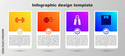 Set Dumbbell, Tennis ball, Sport expander and Bathroom scales. Business infographic template. Vector.