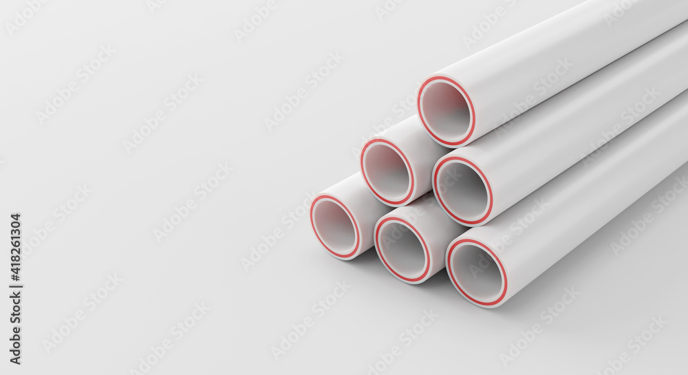 Fototapeta premium 3d Illustration Stack Of Polypropylene Plastic Pipes On A Wide Light Background.