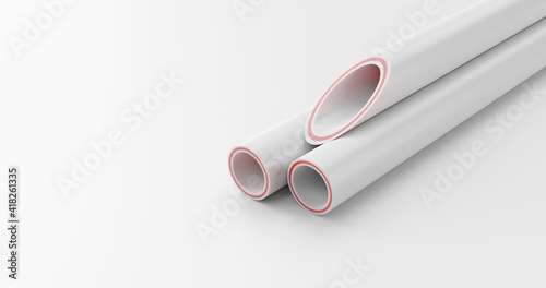 3d Illustration Three Beautifully Cut Polypropylene Plastic Pipes On A Wide Light Background