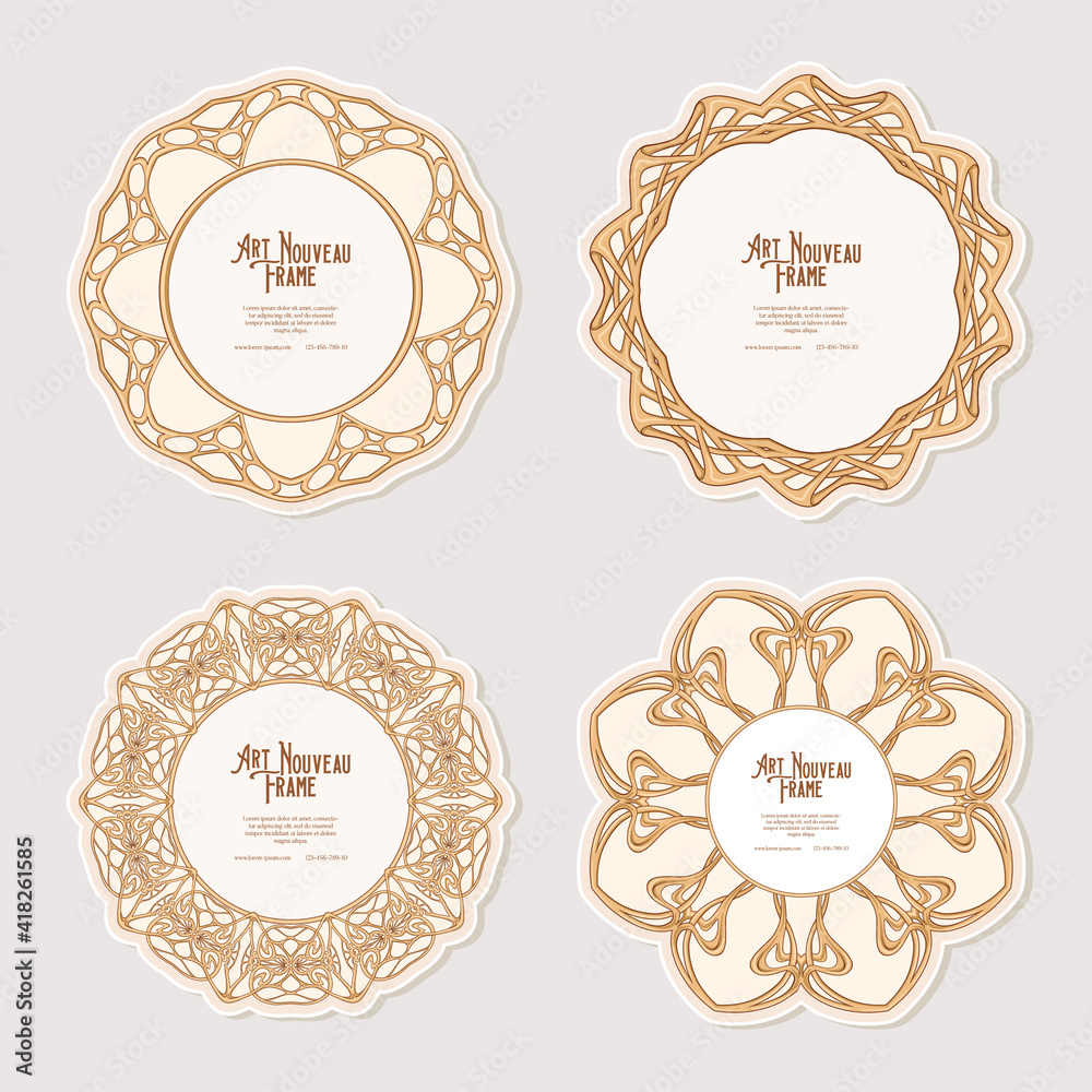 Set of four cercle label, decorative frame, border in art nouveau style, vintage, old, retro style. Tamplate good for product label with place for text. Vector illustration