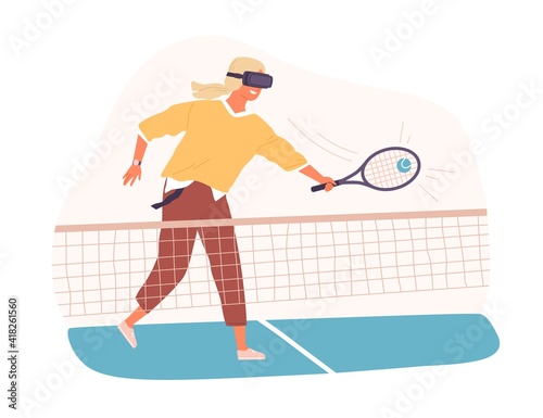 Person playing tennis in virtual reality using VR headset. Young woman in futuristic glasses or goggles. Colored flat cartoon vector illustration of sports game simulator isolated on white background