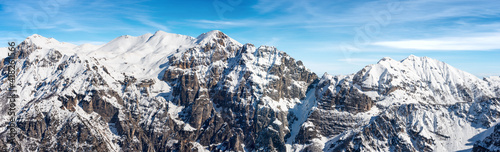 Mountain range of Monte Carega in winter with snow  also called the Small Dolomites  Piccole Dolomiti  from the Altopiano della Lessinia  Lessinia Plateau . Veneto and Trentino Alto Adige  Italy  Eu.