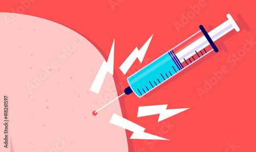 Syringe pain - Painful vaccine injected into arm with red background. Fear of needles concept. Vector illustration.