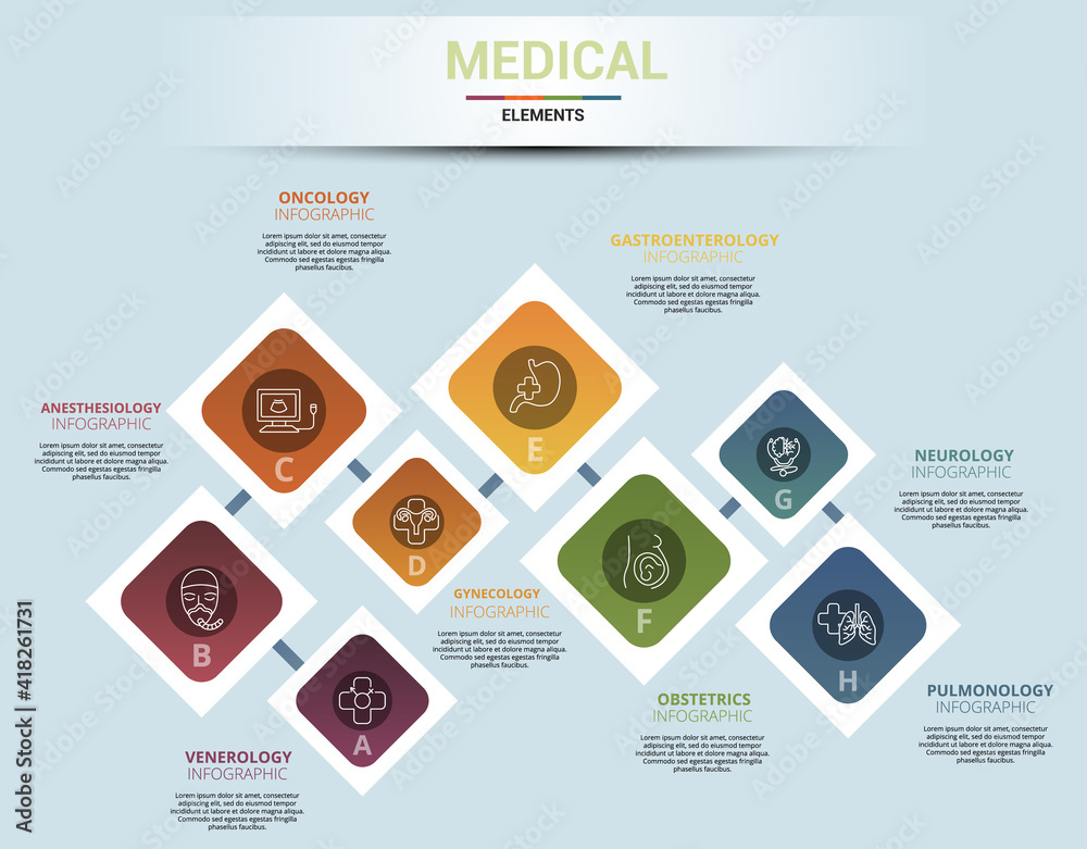 Infographic Medical template. Icons in different colors. Include Venerology, Anesthesiology, Oncology, Gynecology and others.
