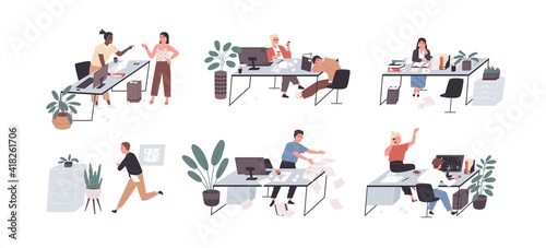 Set of people working and relaxing in chaos and mess. Office workers conflicting, sleeping and hurrying. Men and women at workplaces. Colored flat vector illustration isolated on white background
