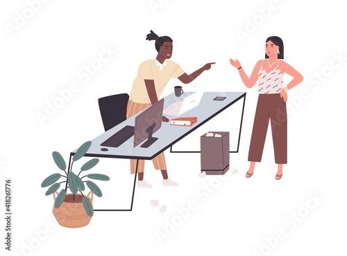 Work conflict between angry employees. Colleagues arguing and screaming in office. Furious man shouting at woman and blaming her. Colored flat vector illustration of isolated on white background