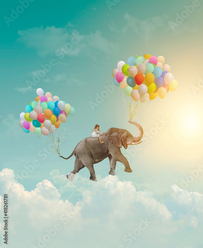 Little girl riding an elephant with balloons, flying in the sky; fantasy, metaphor, achievement concept