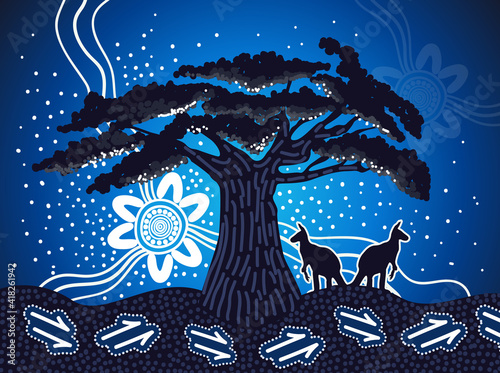 Nature painting with boab tree - Vector