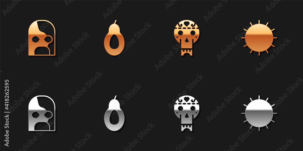 Set Mexican wrestler, Avocado, skull and Sun icon. Vector.