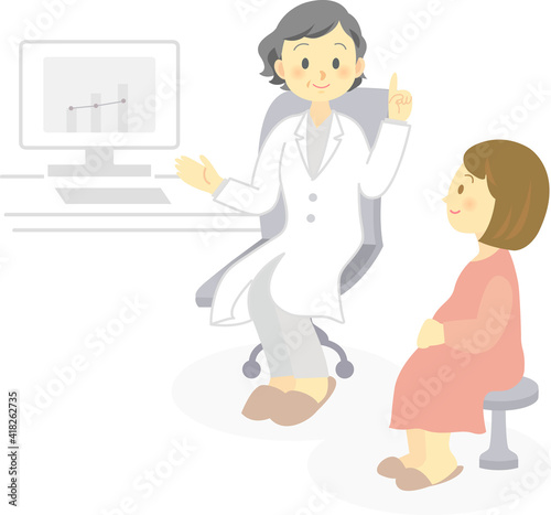 イラスト素材: 診察室でベテラン女性医師から説明を受けるスカートを履いた妊婦　笑顔　人物　医療　医者

