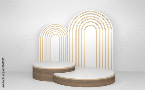 Fototapeta Naklejka Na Ścianę i Meble -  wooden Podium minimal geometric white and gold style abstract.3D rendering