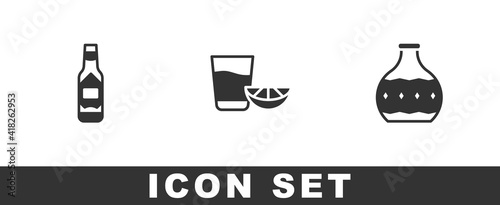 Set Tabasco sauce, Tequila glass with lemon and bottle icon. Vector.