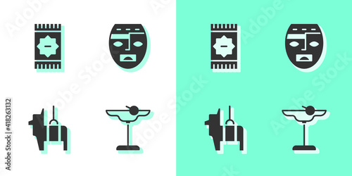Set Margarita cocktail, Mexican carpet, Pinata and Aztec mask icon. Vector.