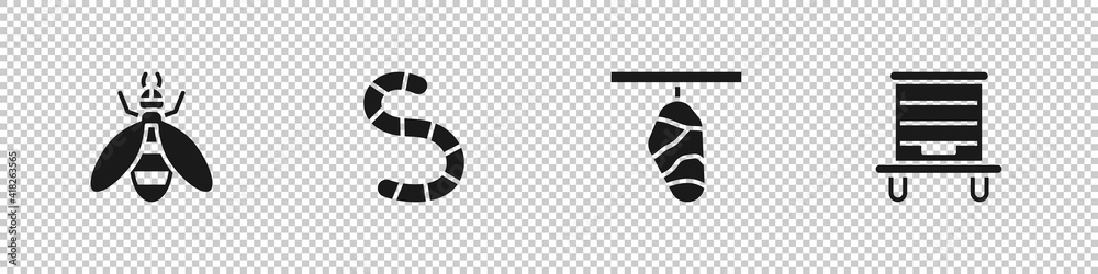 Fototapeta premium Set Bee, Worm, Butterfly cocoon and Hive for bees icon. Vector.