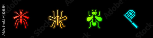Set Mosquito, , Insect fly and Butterfly net icon. Vector.