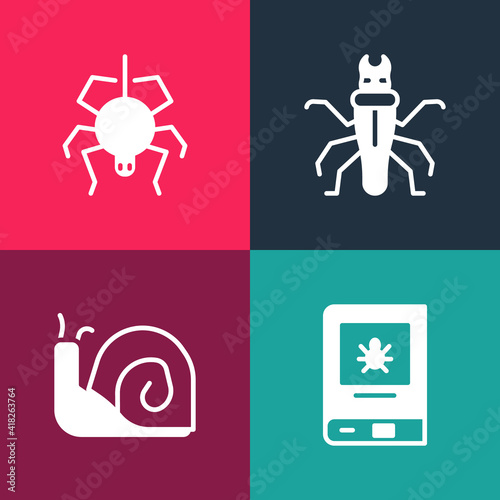 Set pop art Book about insect, Snail, Termite and Spider icon. Vector.