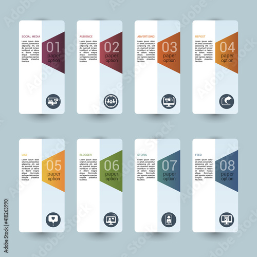 Infographic Social Media template. Icons in different colors. Include Like, Audience, Boosted Post, Feed and others.
