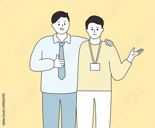 I greet other people with shoulder to shoulder with my co-worker illustration set. friend, introduce, doodle, company.  Vector drawing. Hand drawn style.
