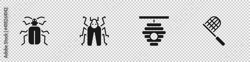 Set Chafer beetle, Beetle bug, Hive for bees and Butterfly net icon. Vector.