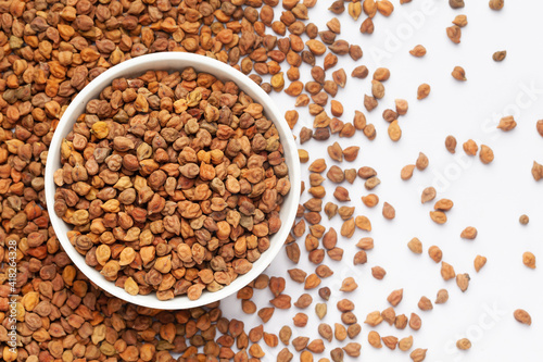 Close up of Organic chana or chickpea (Cicer arietinum) or on a ceramic white bowl with the gradient background of whole white Bengal gram dal. Top view 