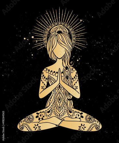Yoga Girl. Ornamental feminine Vector illustration. Medallion yoga lotus pose india arabic style.
