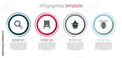 Set Magnifying glass, Hive for bees, Beekeeper hat and Larva insect. Business infographic template. Vector.