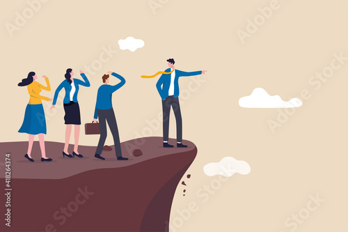 Wrong direction leader, stupid authoritarian boss, stupidity or mistake lead company and employees to sabotage or bad problem concept, stupid boss manager pointing order employees to jump off cliff.