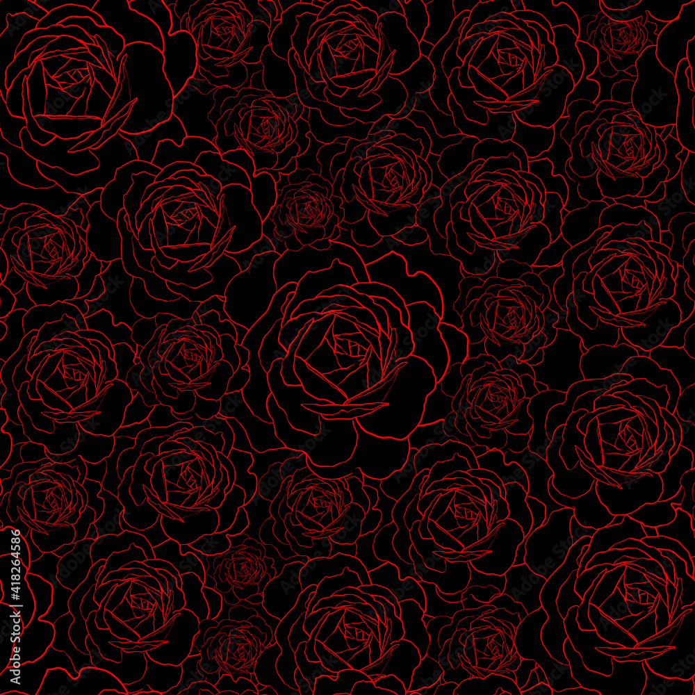 Vector seamless pattern with red rose flowers outline on the black background. Floral hand drawn ornament in sketch style.