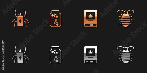 Set Beetle bug, Fireflies bugs in a jar, Book about insect and Larva icon. Vector.