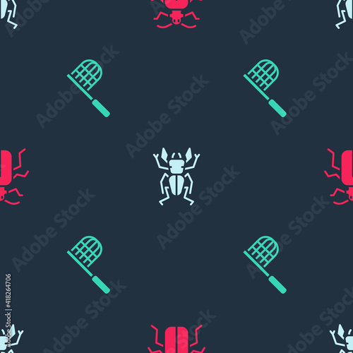 Set Chafer beetle, Beetle deer and Butterfly net on seamless pattern. Vector.