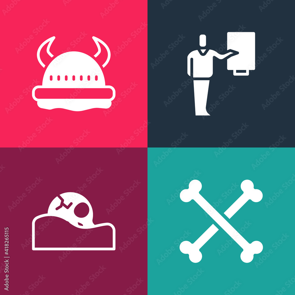 Set pop art Crossed human bones, Human skull, Museum guide and Viking in horned helmet icon. Vector. Set pop art Crossed human bones, Human skull, Museum guide and Viking in horned helmet icon. Vector.