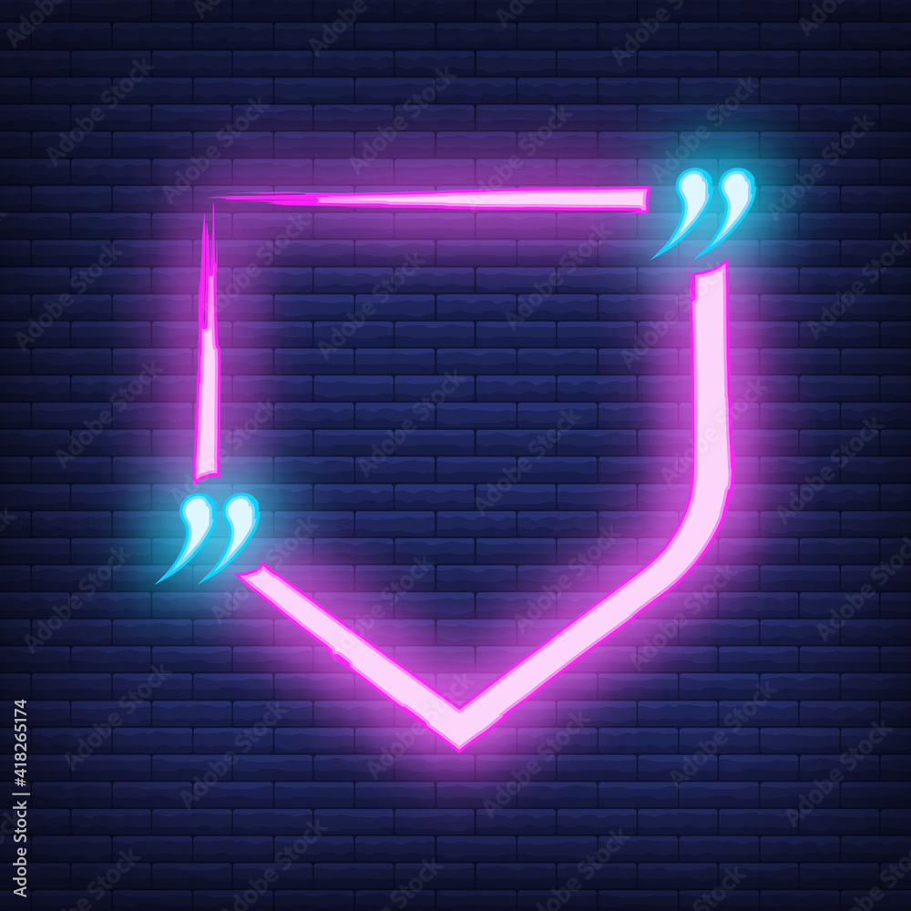 Concept neon quote blank icon, colorful phrase vector illustration, isolated dark brickwork background. Template for note, message, comment.