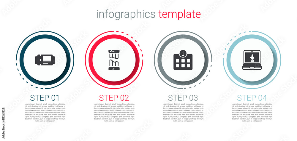 Set Museum ticket, Broken ancient column, Information and Online museum. Business infographic template. Vector. Set Museum ticket, Broken ancient column, Information and Online museum. Business infographic template. Vector.