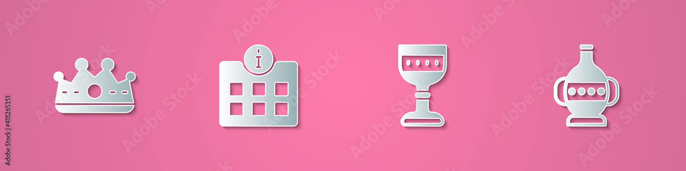 Set paper cut King crown, Information, Medieval goblet and Ancient amphorae icon. Paper art style. Vector. Set paper cut King crown, Information, Medieval goblet and Ancient amphorae icon. Paper art style. Vector.