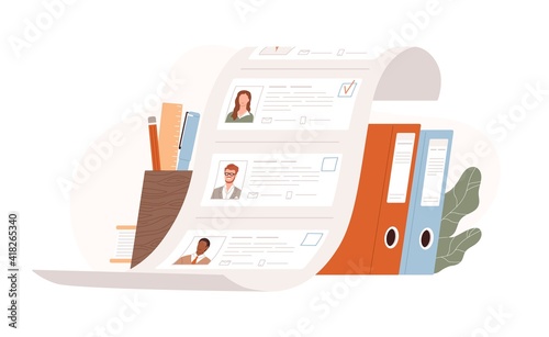 List of candidates for vacancy. HR, human recruiting and hiring concept. Selecting from applicants and searching for staff. Colored flat vector illustration isolated on white background