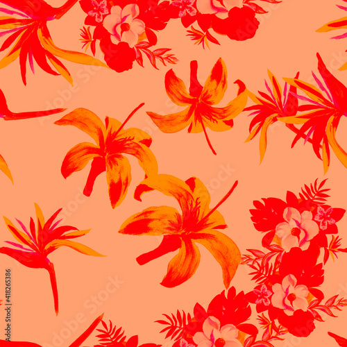 Coral Pattern Leaves. Scarlet Seamless Illustration. Red Tropical Textile. Pink Flower Leaf. Ruby Wallpaper Leaves. Decoration Painting. Watercolor Exotic.