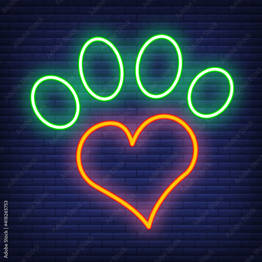 Paw with Heart Neon Icon. Concept for Healthcare Medicine and Pet Care. Outline and Black Domestic Animal. Simple Vector illustration on dark brickwork.