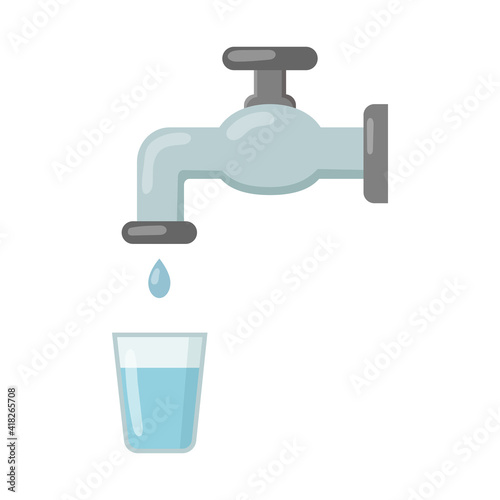 Water tap with glass isolated on white background. Drinking water. Vector illustration