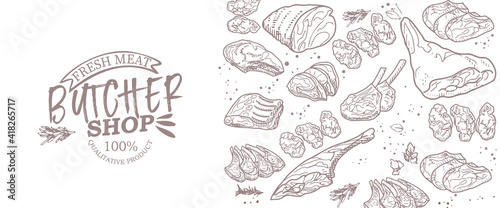Sticker of meat products. Beef, pork, lamb. Vector illustration in the style of a sketch. A booklet, banner, or flyer of a butcher shop or store.