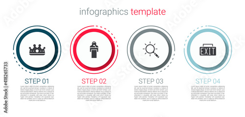 Set King crown, Gives lecture, Magnifying glass and Exit sign. Business infographic template. Vector.