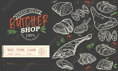 Sticker of meat products. Beef, pork, lamb. Vector illustration in the style of a sketch. A booklet, banner, or flyer of a butcher shop or store.