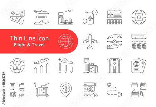 set of flight and travel lineart icon
