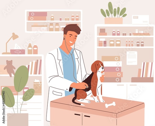 Happy young veterinarian examining dog with stethoscope in modern vet clinic. Health check or medical examination of animal in veterinary hospital. Colored flat vector illustration