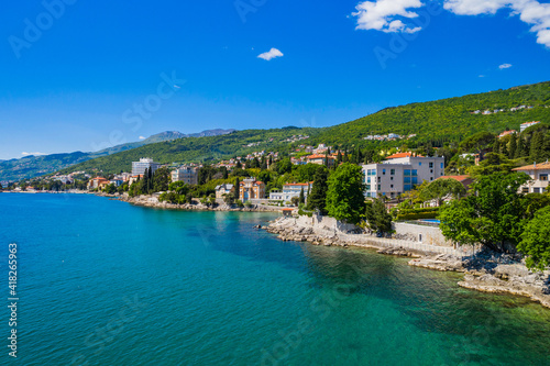 Fototapeta Naklejka Na Ścianę i Meble -  Opatija riviera on Adriatic coast in Croatia, aerial panoramic view