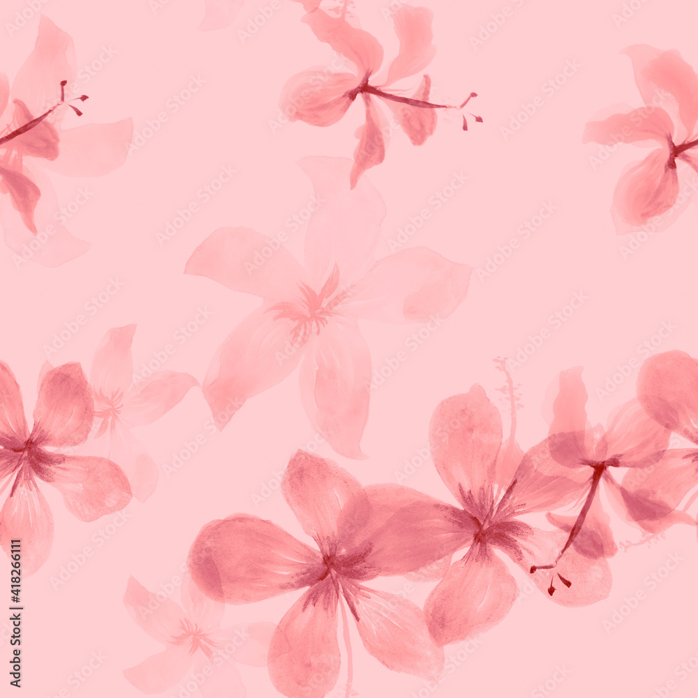 Gray Seamless Art. Coral Pattern Plant. White Tropical Textile. Pink Spring Painting. Flower Texture. Floral Art. Flora Palm. Decoration Design.